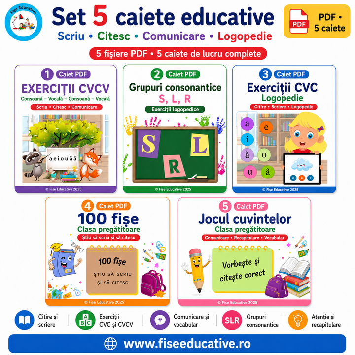 Prezentare pachet educativ pentru limbaj, citire, scriere și logopedie, format din 5 materiale PDF pentru copii de 3–8 ani.