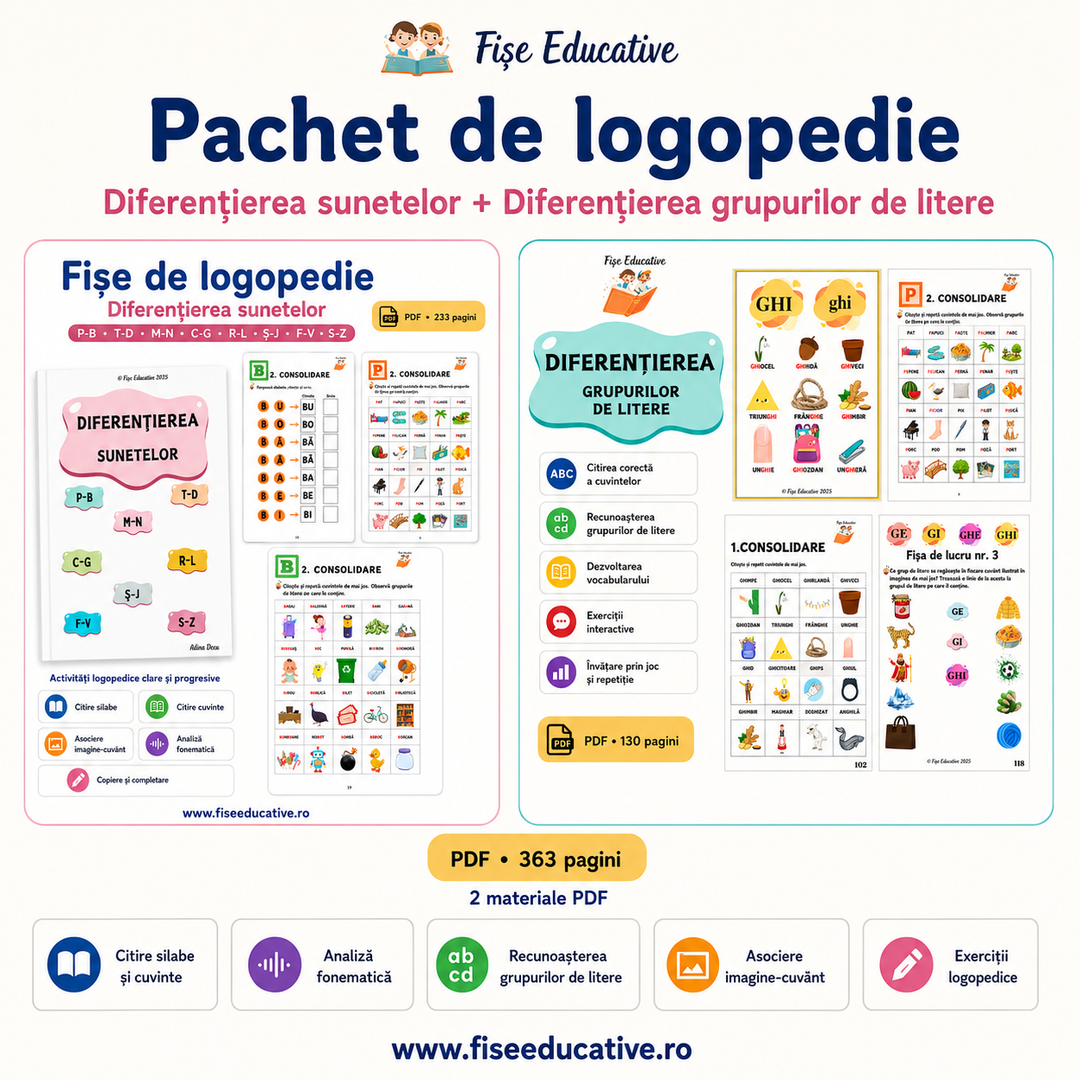 Pachet logopedie PDF pentru diferentierea sunetelor si grupurilor de litere la copii