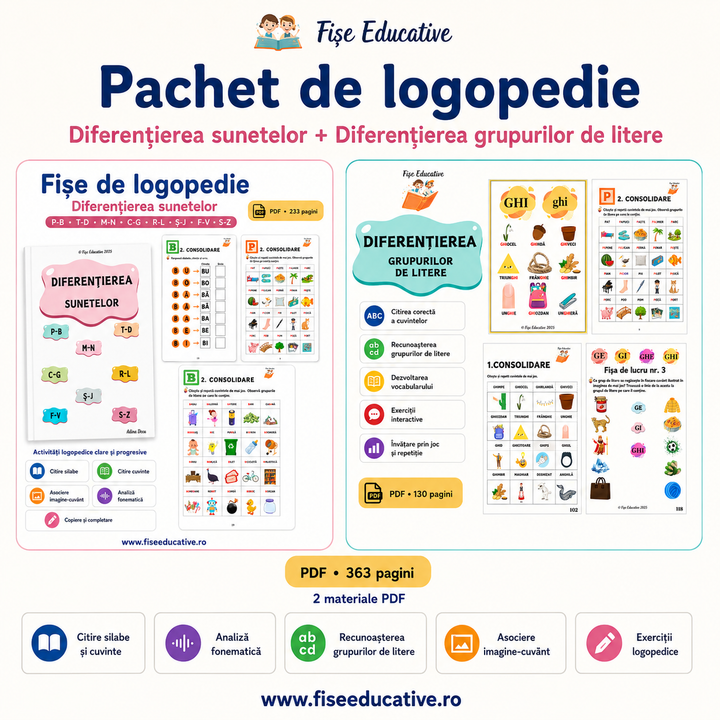 Pachet logopedie PDF pentru diferentierea sunetelor si grupurilor de litere la copii