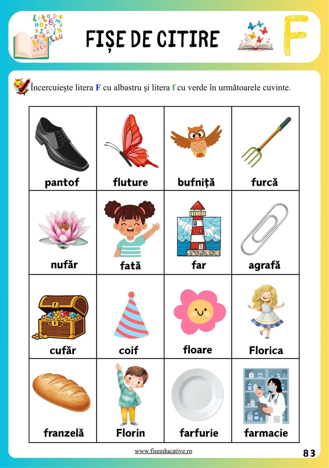 Fisa de lectura cu propozitii simple pentru clasa pregatitoare, format PDF.