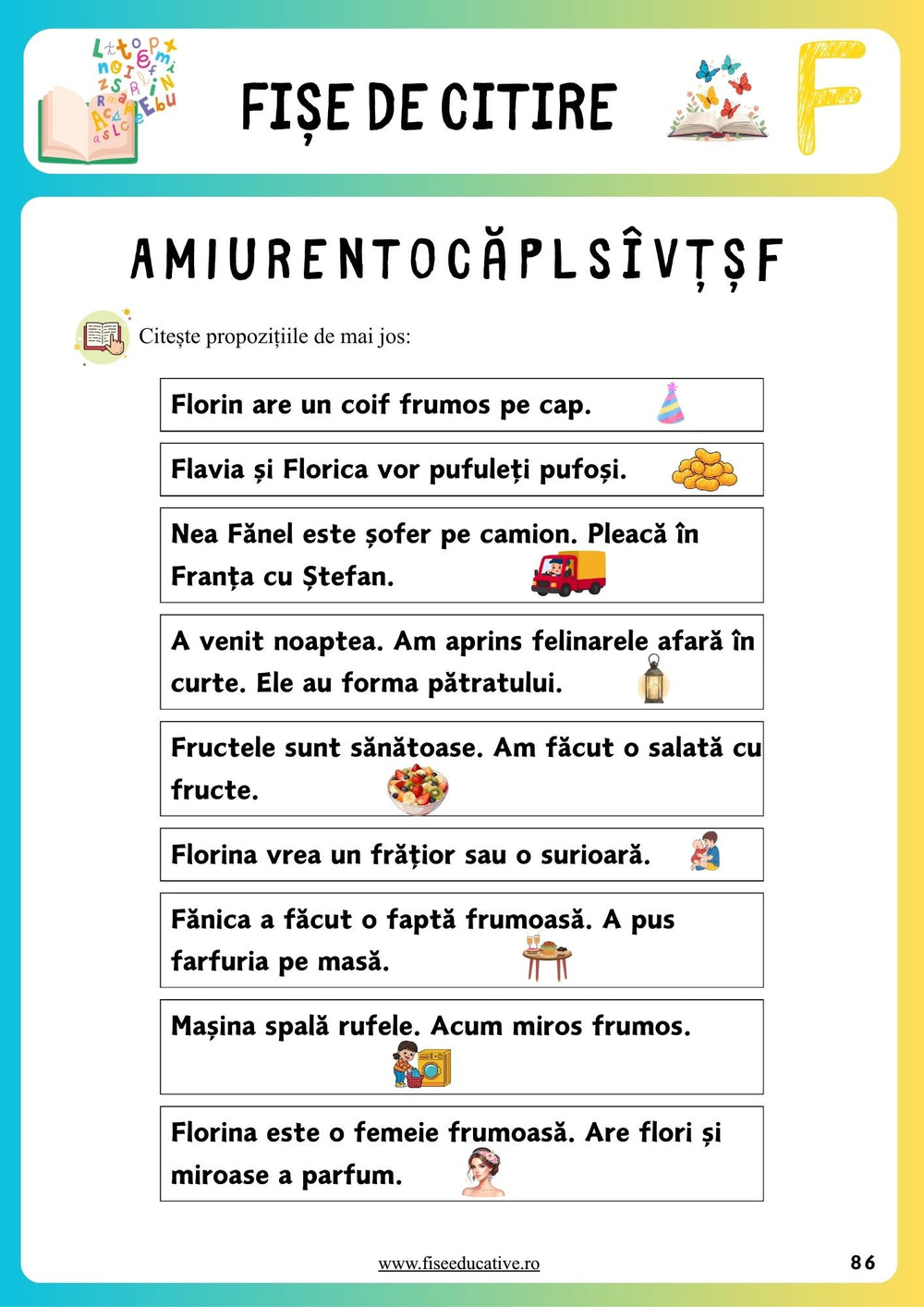 Fisa de citire litera F pentru clasa pregatitoare, cu imagini si cuvinte despartite in silabe.