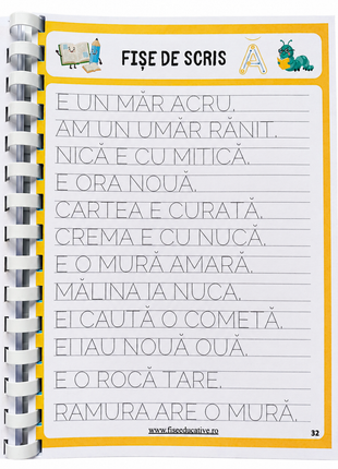 Pagina interioara din caietul printat, cu propozitii simple pentru copiere si exersarea scrierii cu litere mari de tipar.