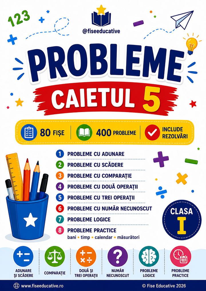 Copertă Caietul 5 Probleme clasa I, 80 fișe, 400 probleme de matematică și rezolvări incluse.