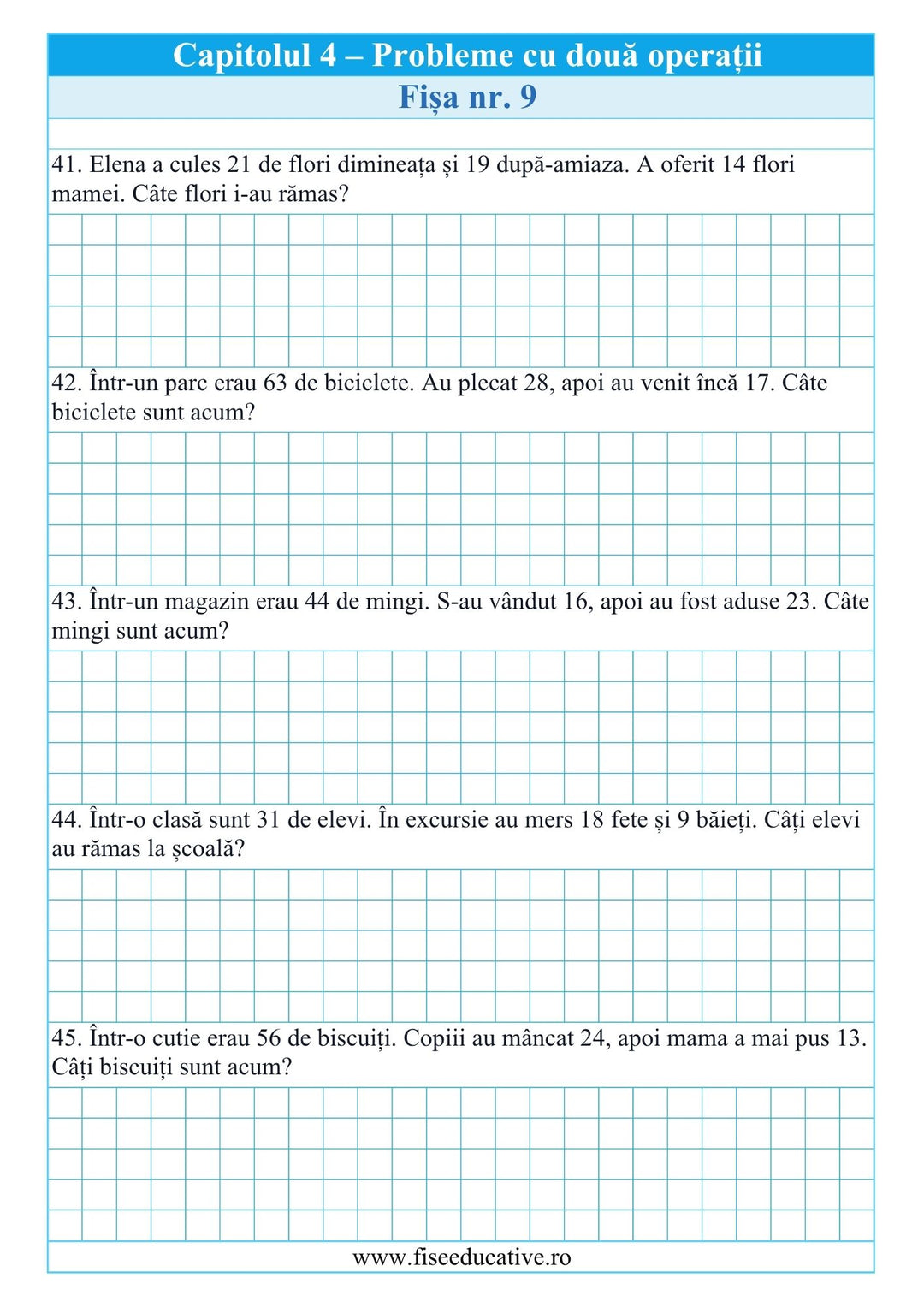 Caiet de probleme pentru clasa I, cu exercitii variate de adunare, scadere, comparatie, numar necunoscut si probleme practice.
