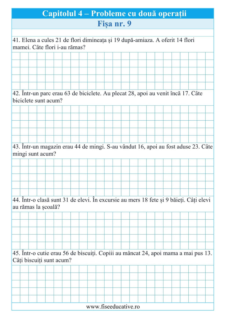 Caiet de probleme pentru clasa I, cu exercitii variate de adunare, scadere, comparatie, numar necunoscut si probleme practice.