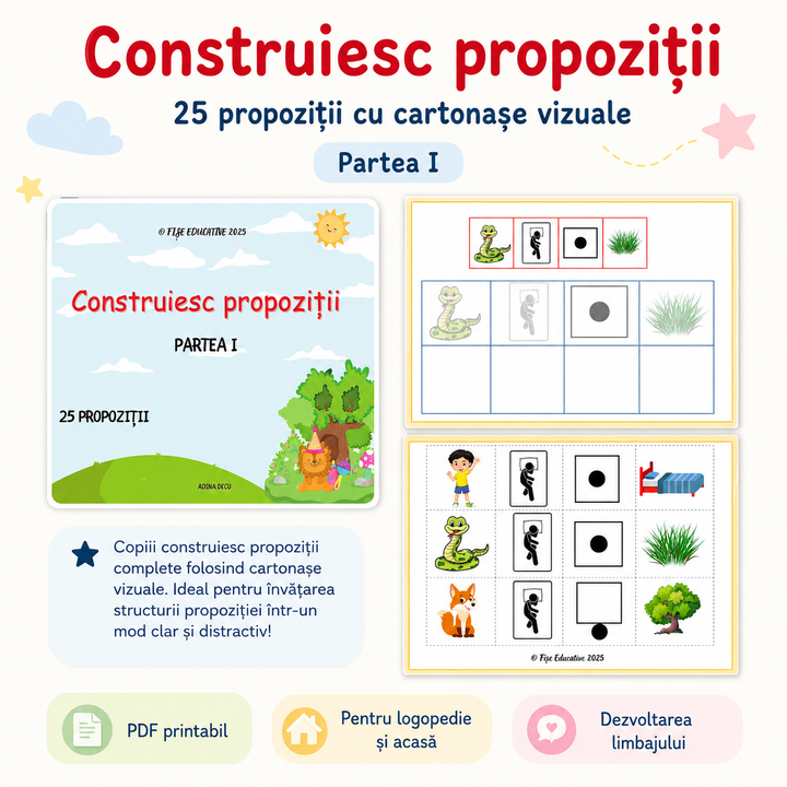 Construiesc propoziții PDF cu cartonașe vizuale pentru copii