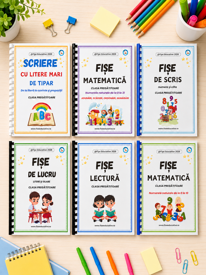 Set de 6 caiete educative printate pentru clasa pregătitoare – scriere, lectură, litere și silabe, matematică și cifre, prezentate pe un birou cu rechizite școlare.