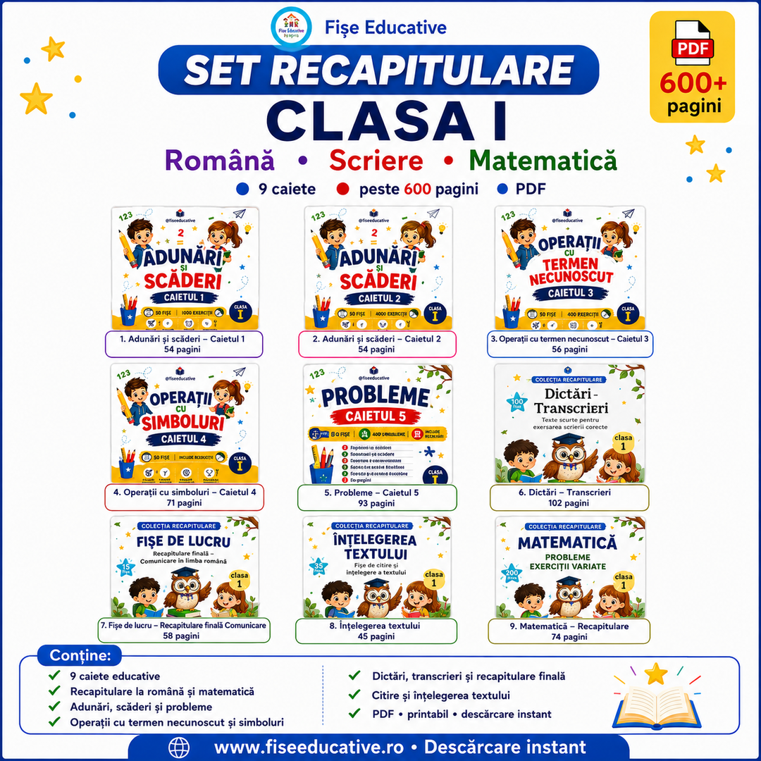 set recapitulare clasa 1 PDF cu fise de lucru romana si matematica