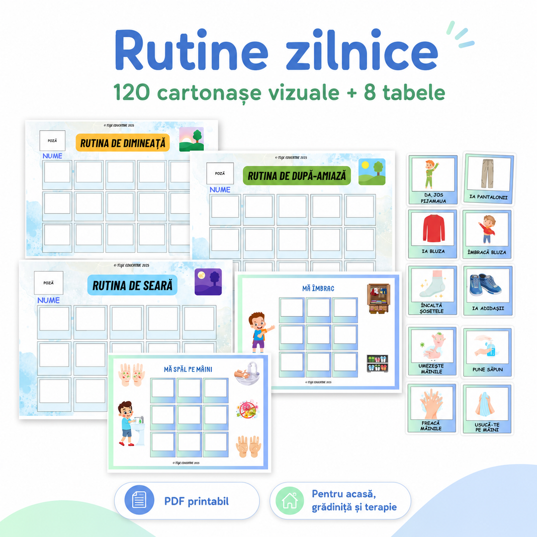Rutine zilnice copii PDF cu 120 cartonașe vizuale și 8 tabele