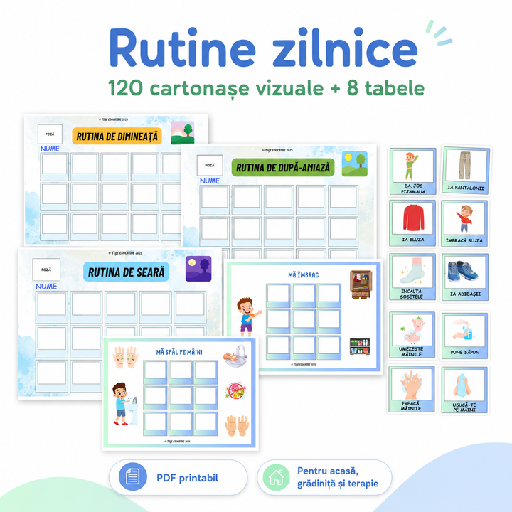 Rutine zilnice copii PDF cu 120 cartonașe vizuale și 8 tabele