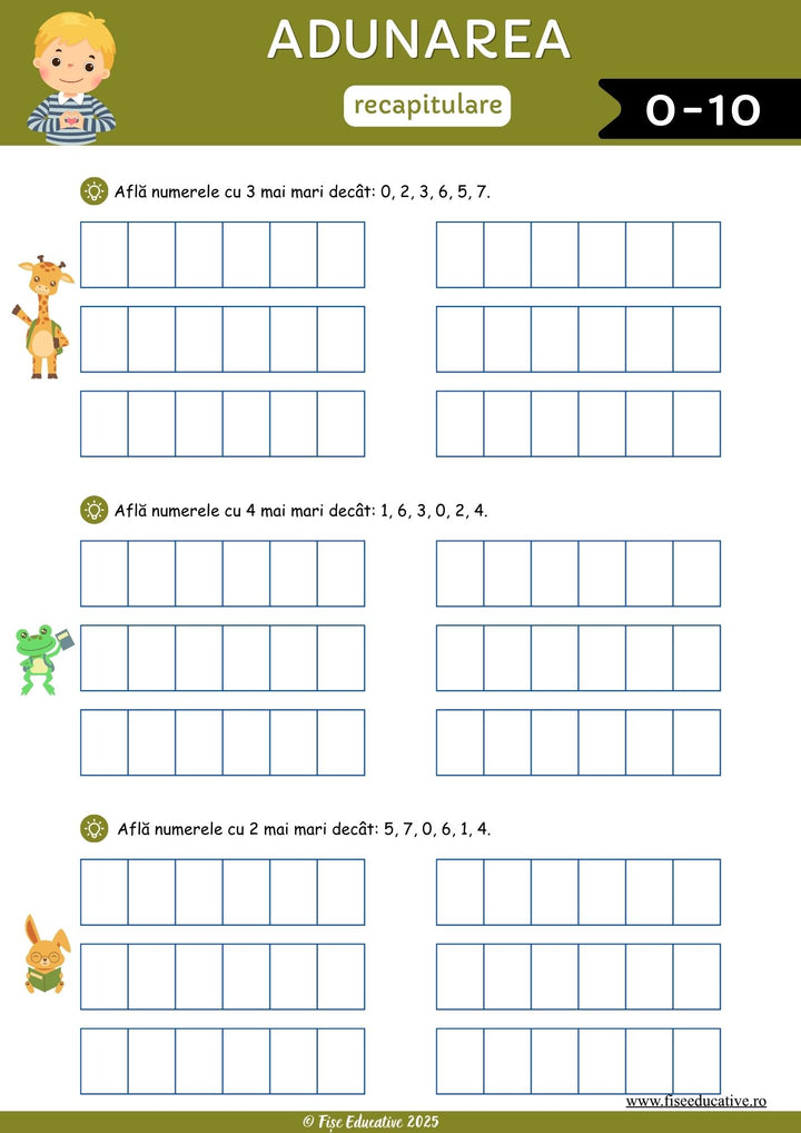 Exemplu de fișă de matematică pentru clasa I, cu exerciții de numărare, ordonare și comparare a numerelor.