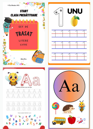 Previzualizare set de trasat pentru clasa pregătitoare – copertă, fișe de trasat cifra 1, litera A mare și mică și alfabet colorat.