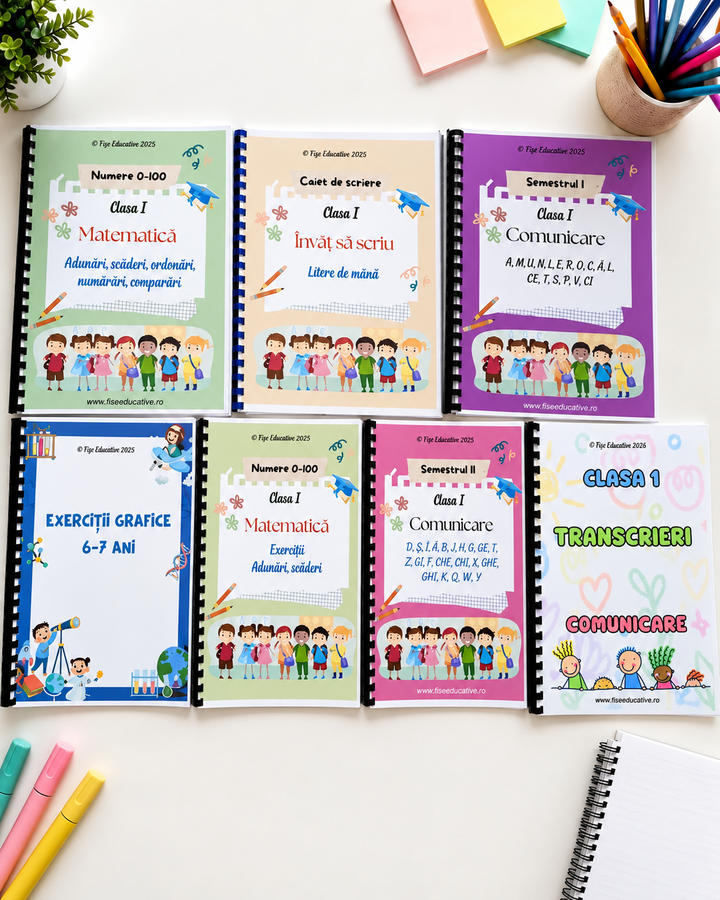 Pachet tipărit Clasa I – 580+ pagini | Comunicare, Matematică, Scriere + Bonus