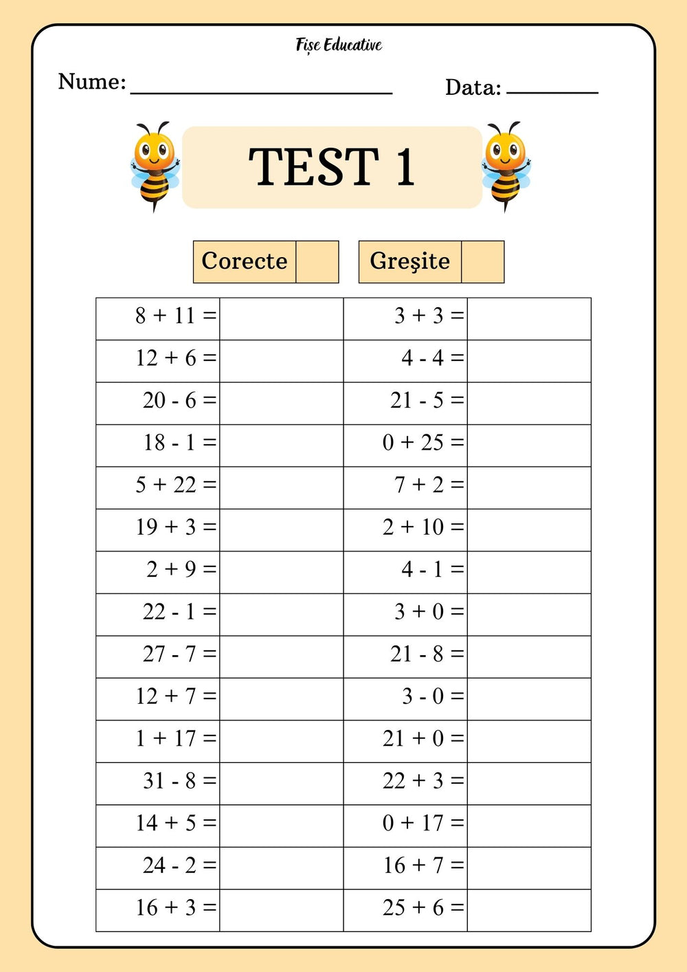 Exemplu Test 1 din caietul de Matematică pentru clasa pregătitoare, exerciții de adunări și scăderi în concentrul 0-31