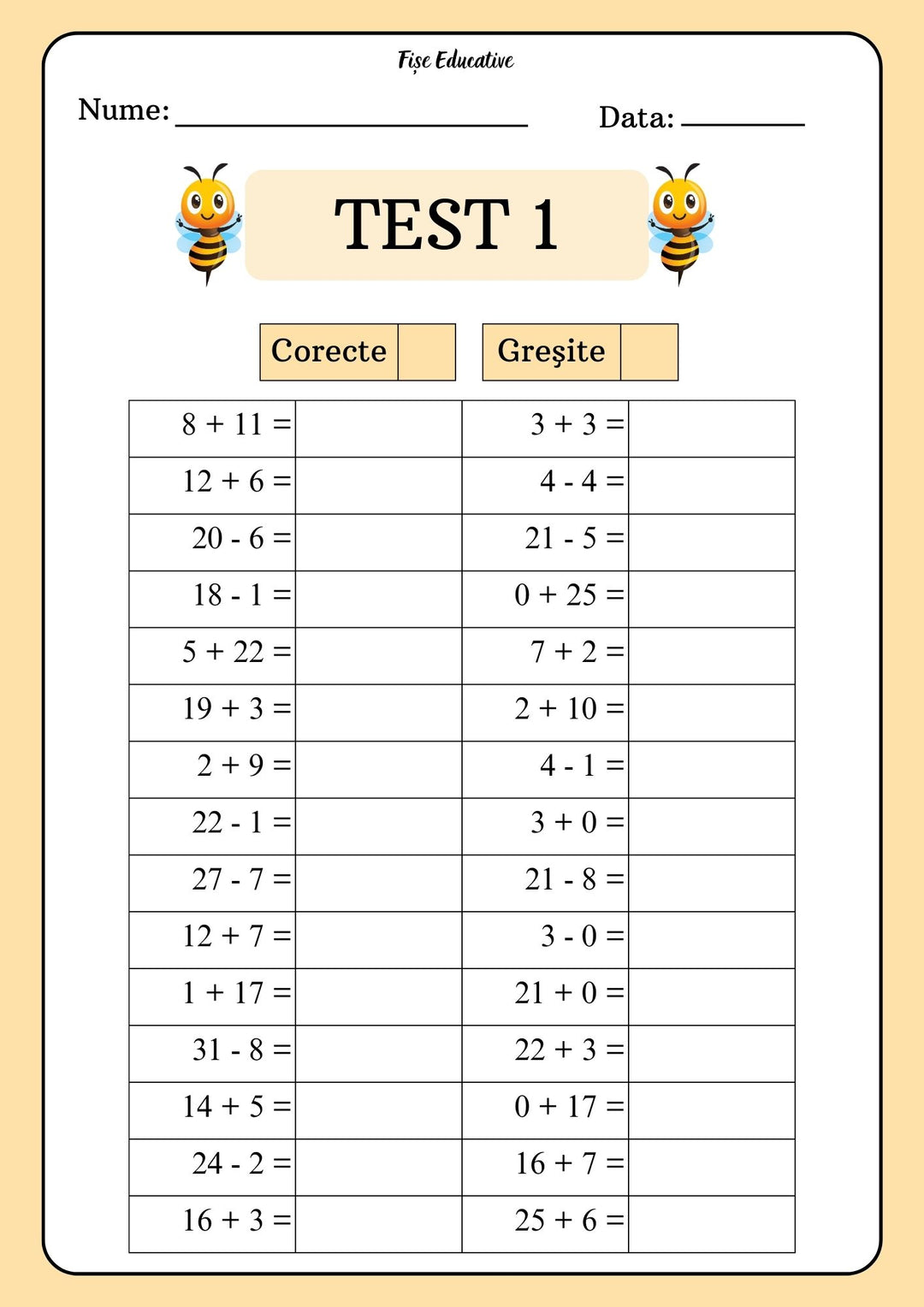 Exemplu Test 1 din caietul de Matematică pentru clasa pregătitoare, exerciții de adunări și scăderi în concentrul 0-31