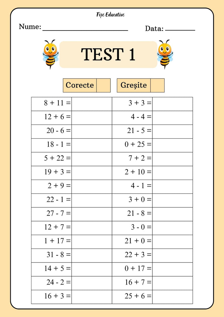 Exemplu Test 1 din caietul de Matematică pentru clasa pregătitoare, exerciții de adunări și scăderi în concentrul 0-31