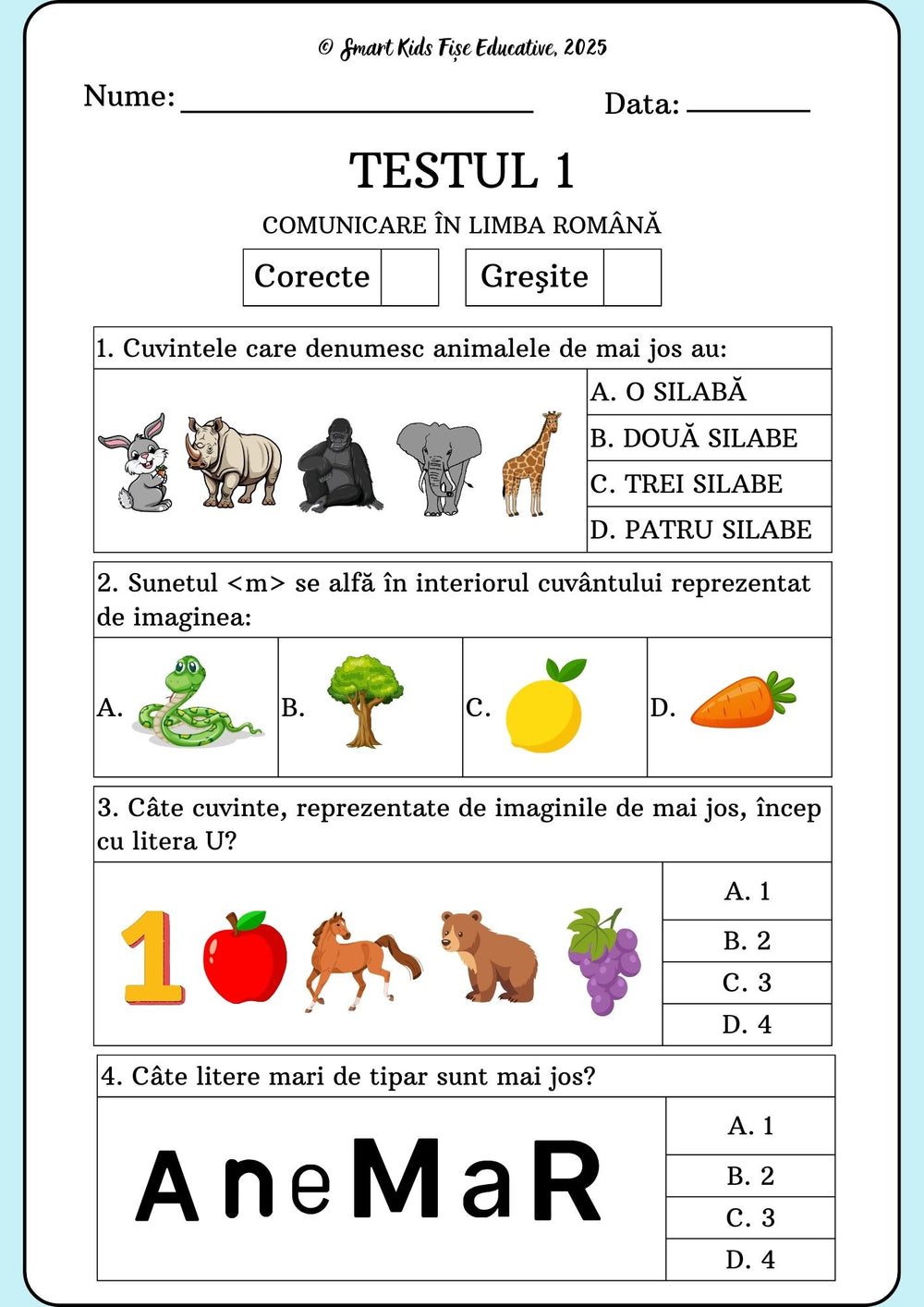 Test de comunicare clasa pregătitoare – exerciții grilă cu silabe, identificarea sunetelor, imagini și litere mari de tipar, evaluare pentru copii 5-7 ani.