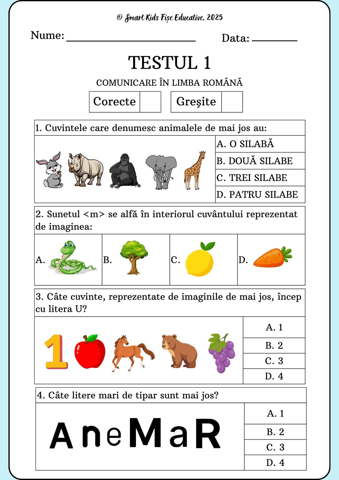 Test de comunicare clasa pregătitoare – exerciții grilă cu silabe, identificarea sunetelor, imagini și litere mari de tipar, evaluare pentru copii 5-7 ani.