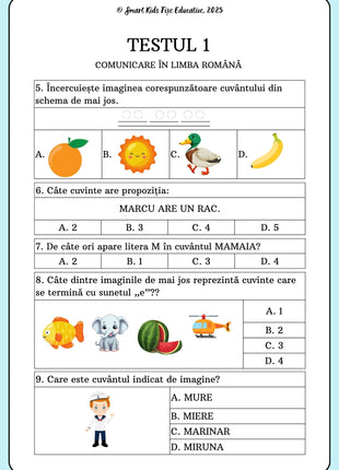 Fișă de test la comunicare clasa pregătitoare – recunoașterea cuvintelor, numărare, silabe, sunete, imagini educative pentru evaluarea copiilor.