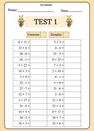 Pagină de test la matematică pentru clasa pregătitoare, cu 30 de exerciții de adunări și scăderi în concentrul 0–31 și două coloane pentru răspunsuri corecte și greșite.