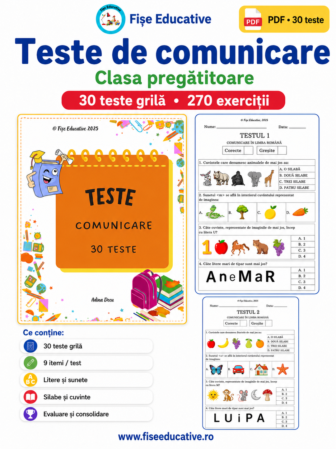 Imagine de prezentare pentru setul Teste Grilă Comunicare – Clasa Pregătitoare, în format PDF, cu 30 de teste pentru litere, sunete și silabe.