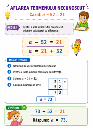 Fișă explicativă pentru aflarea termenului necunoscut la scădere, clasa I, exemplu a minus 52 egal 21.