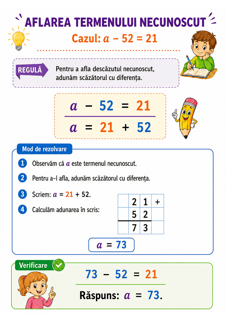 Fișă explicativă pentru aflarea termenului necunoscut la scădere, clasa I, exemplu a minus 52 egal 21.