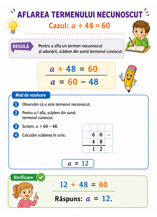 Exemplu de fișă în care copilul află numărul lipsă folosind adunarea sau scăderea, apoi scrie răspunsul.