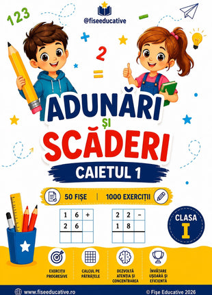 Copertă Caietul 1 Adunări și scăderi clasa I, fișe PDF cu 1000 exerciții de matematică pe pătrățele.