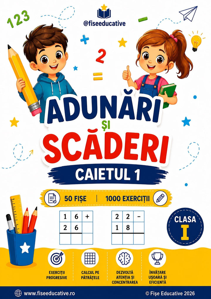 Copertă Caietul 1 Adunări și scăderi clasa I, fișe PDF cu 1000 exerciții de matematică pe pătrățele.