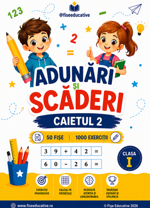 Caiet de matematică pentru clasa I, cu exerciții suplimentare de adunare și scădere, organizate pe pătrățele.