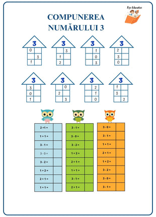 Fișă de matematică – Compunerea numărului 3, exerciții vizuale pentru copii de 5–7 ani, clasa pregătitoare.