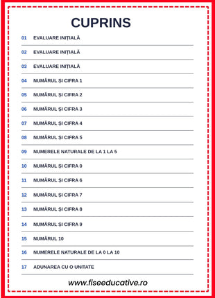 cuprins fise matematica clasa pregatitoare numere si cifre 0-10 evaluari initiale
