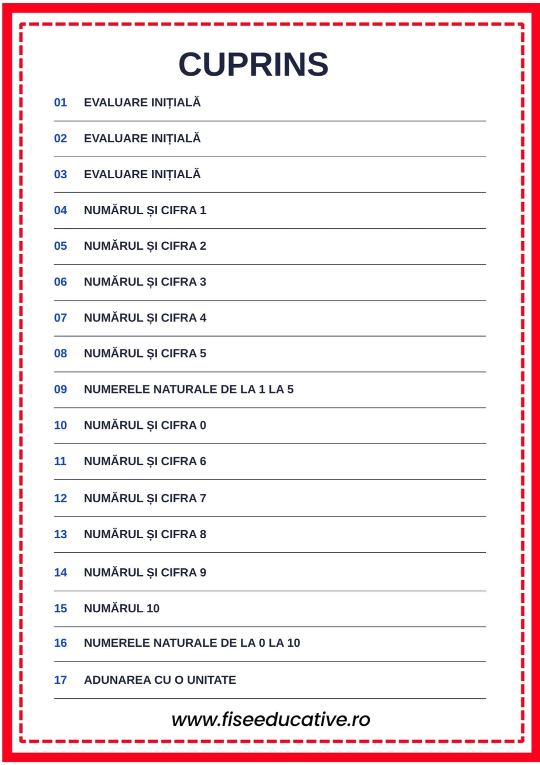cuprins fise matematica clasa pregatitoare numere si cifre 0-10 evaluari initiale
