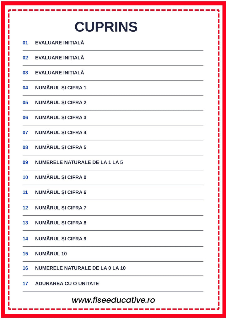 cuprins fise matematica clasa pregatitoare numere si cifre 0-10 evaluari initiale