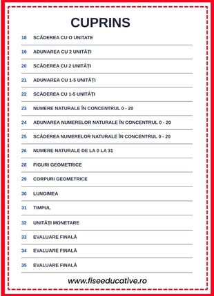 cuprins matematica clasa pregatitoare adunari si scaderi 0-31 figuri geometrice evaluare finala