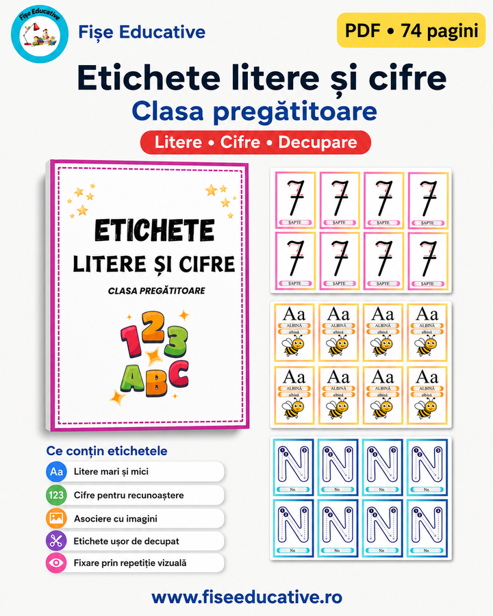 Etichete litere si cifre pentru clasa pregatitoare, fise educative PDF decupabile pentru copii