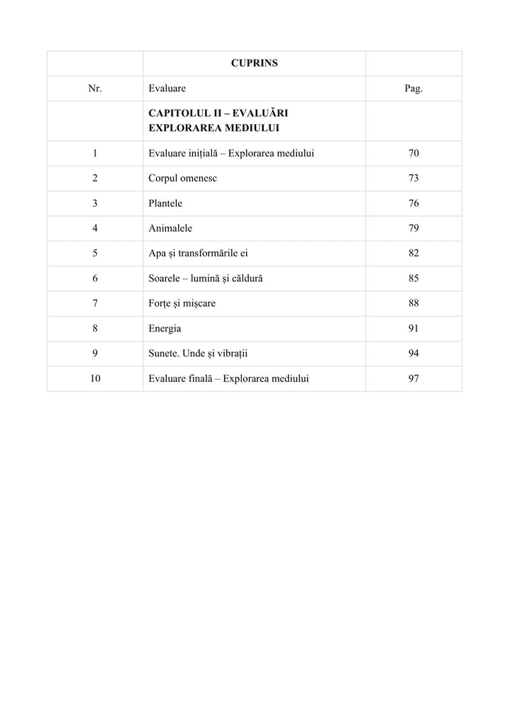 Cuprinsul celor 10 evaluări la Explorarea mediului pentru clasa I: corpul omenesc, plante, animale și fenomene naturale