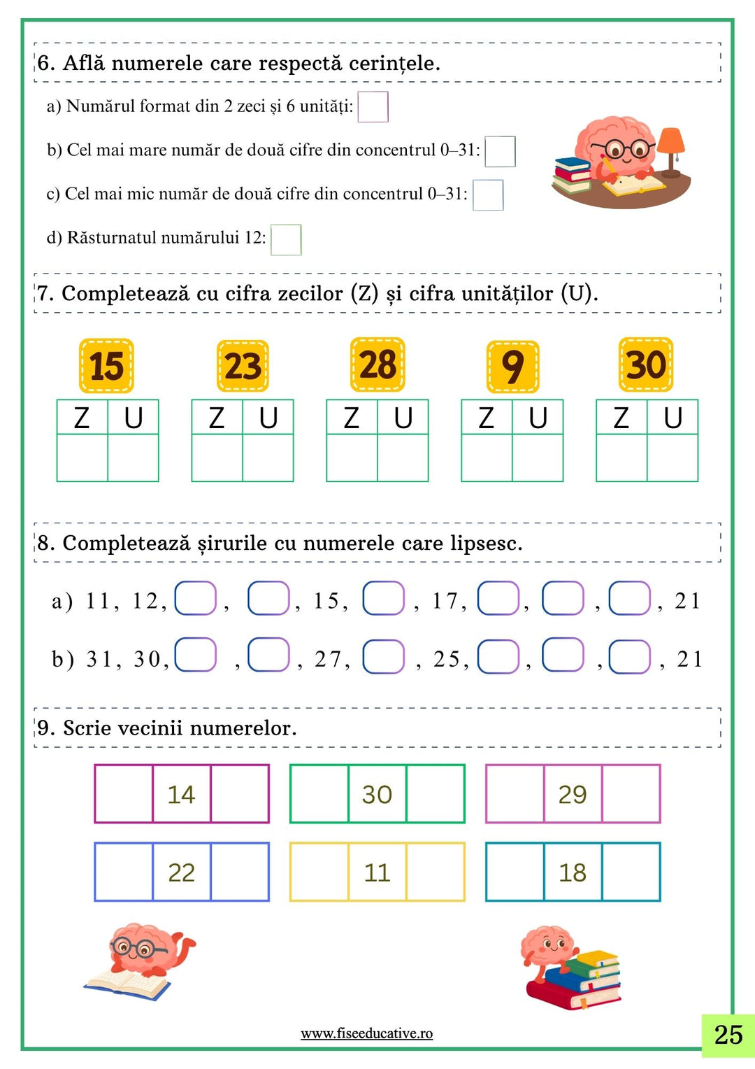 Exerciții de evaluare Matematică clasa I cu zeci și unități, completarea șirurilor numerice și vecinii numerelor