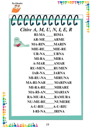 Fișă PDF de citire – cuvinte alcătuite din literele A, M, U, N, I, E, R