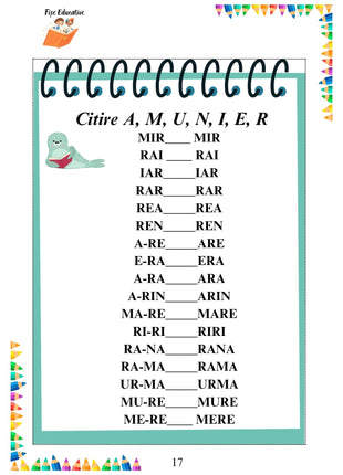 Fișă de citire cu silabe și cuvinte pentru clasa pregătitoare, litere A, M, U, N, I, E, R