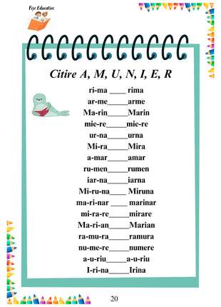 Fișă PDF de citire – cuvinte alcătuite din literele A, M, U, N, I, E, R