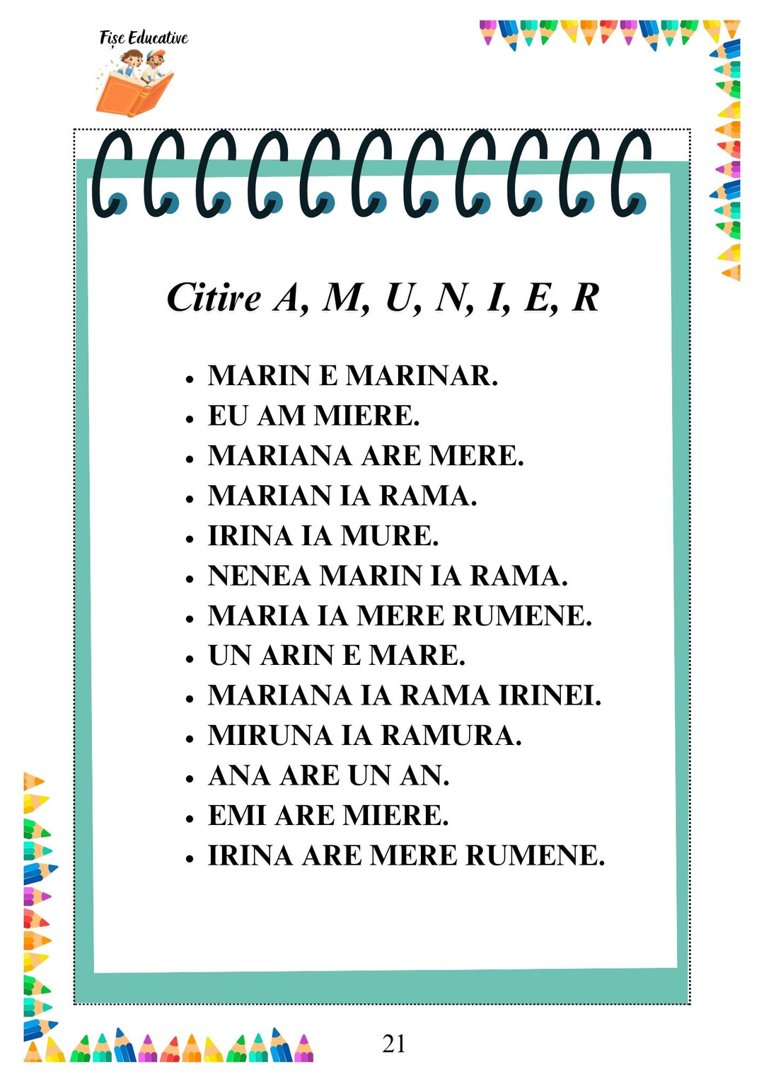 Fișă de citire cu propoziții pentru clasa pregătitoare – litere A, M, U, N, I, E, R