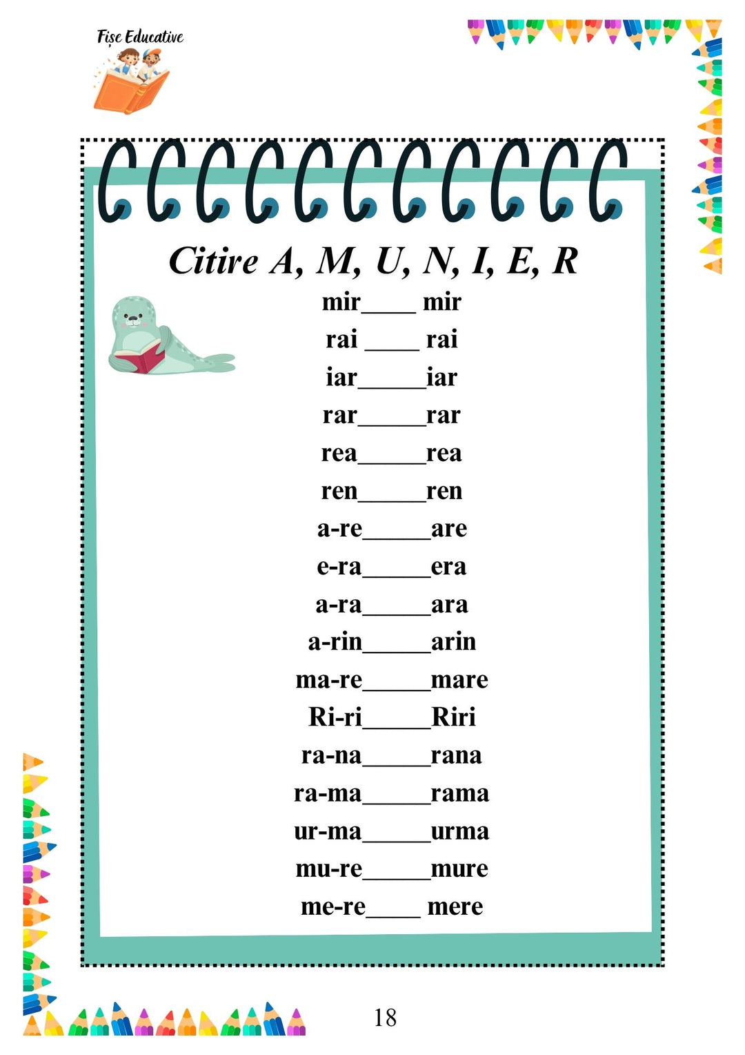 Fișă de citire cu silabe și cuvinte pentru clasa pregătitoare – litere A, M, U, N, I, E, R
