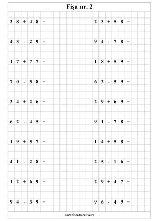 Fișă cu probleme cu adunare clasa I, exerciții matematice cu spațiu de rezolvare pe pătrățele.