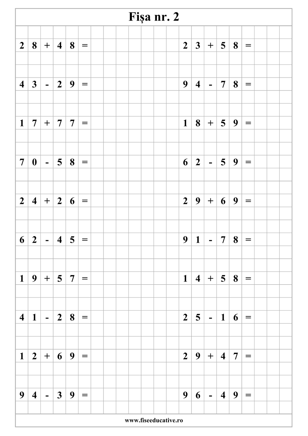 Fișă cu probleme cu adunare clasa I, exerciții matematice cu spațiu de rezolvare pe pătrățele.