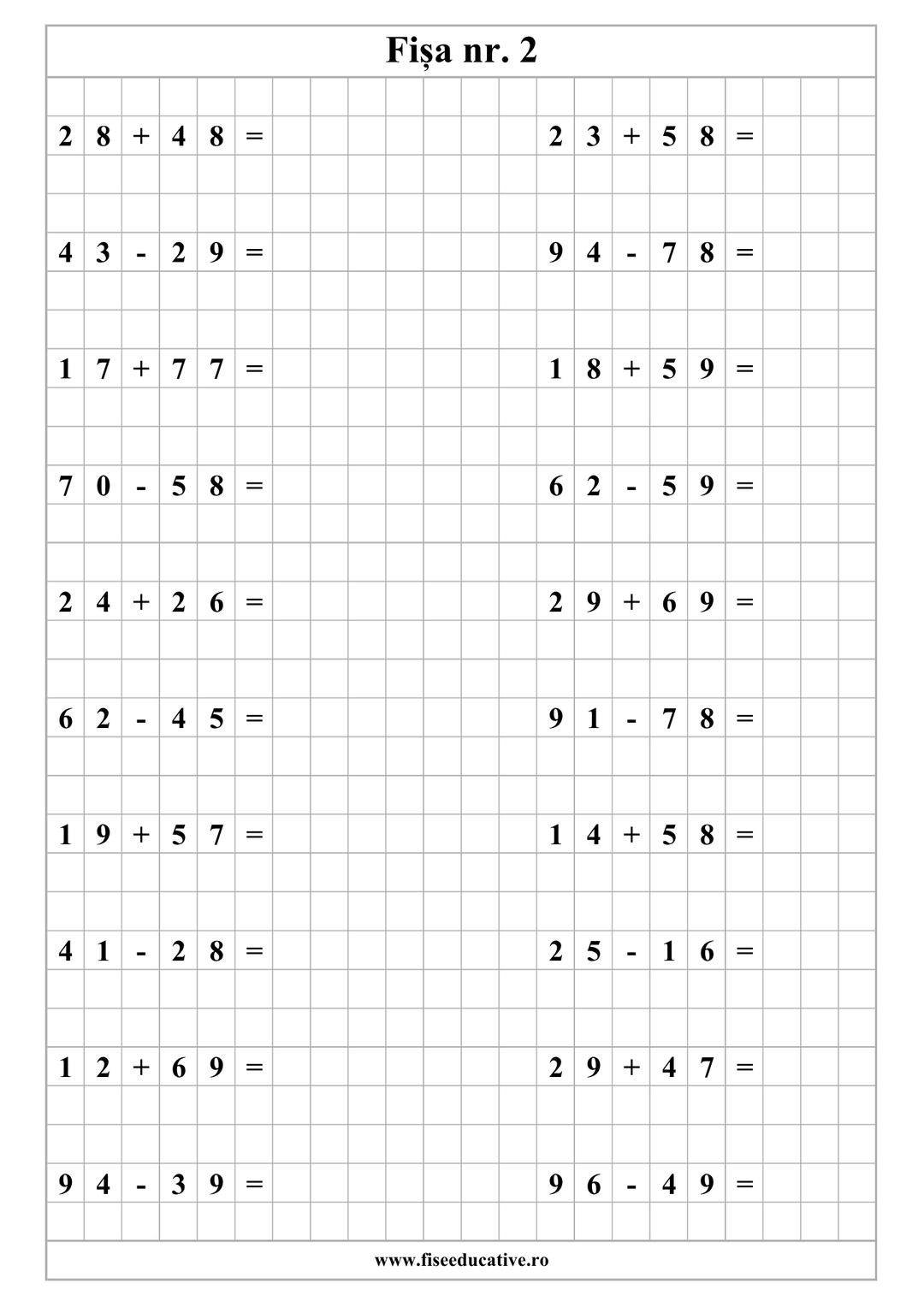 Fișă cu probleme cu adunare clasa I, exerciții matematice cu spațiu de rezolvare pe pătrățele.