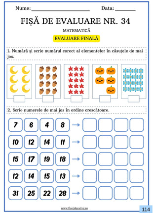 fisa evaluare finala matematica clasa pregatitoare ordonare numere 0-31 exercitii copii