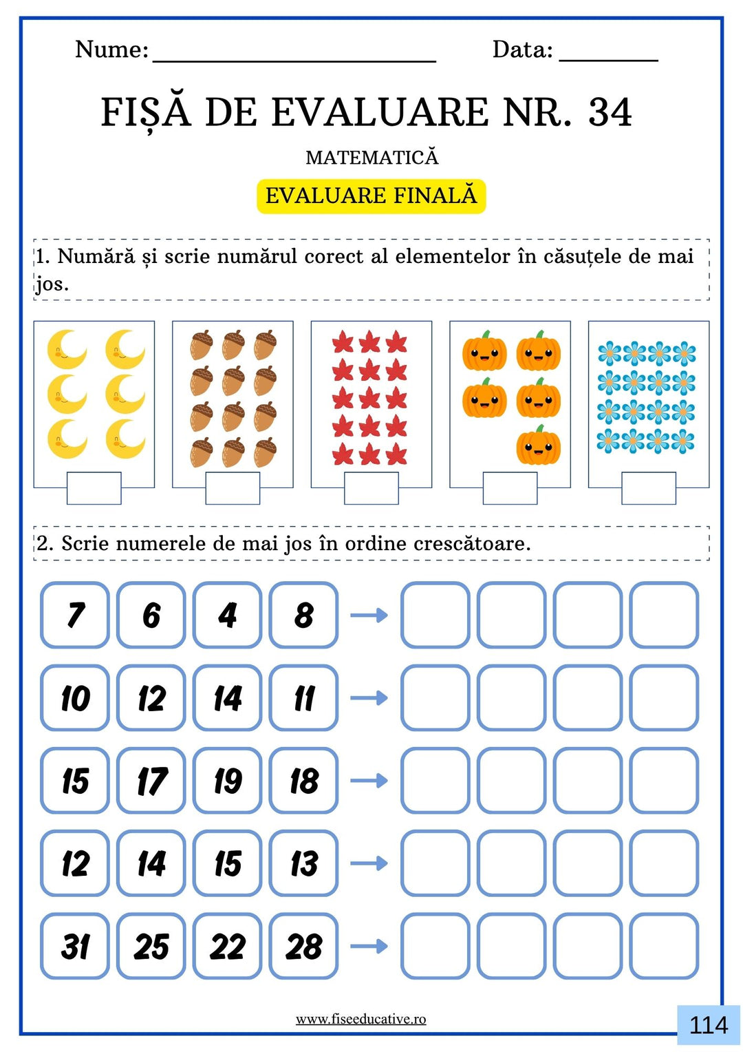 fisa evaluare finala matematica clasa pregatitoare ordonare numere 0-31 exercitii copii