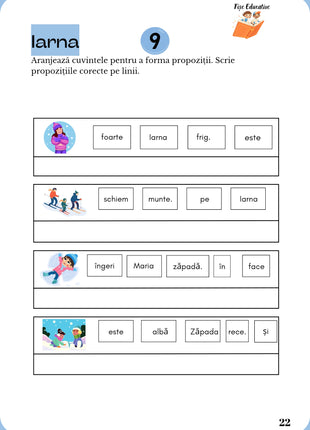 Fișă logopedică – aranjează cuvintele pentru a forma propoziții despre iarnă